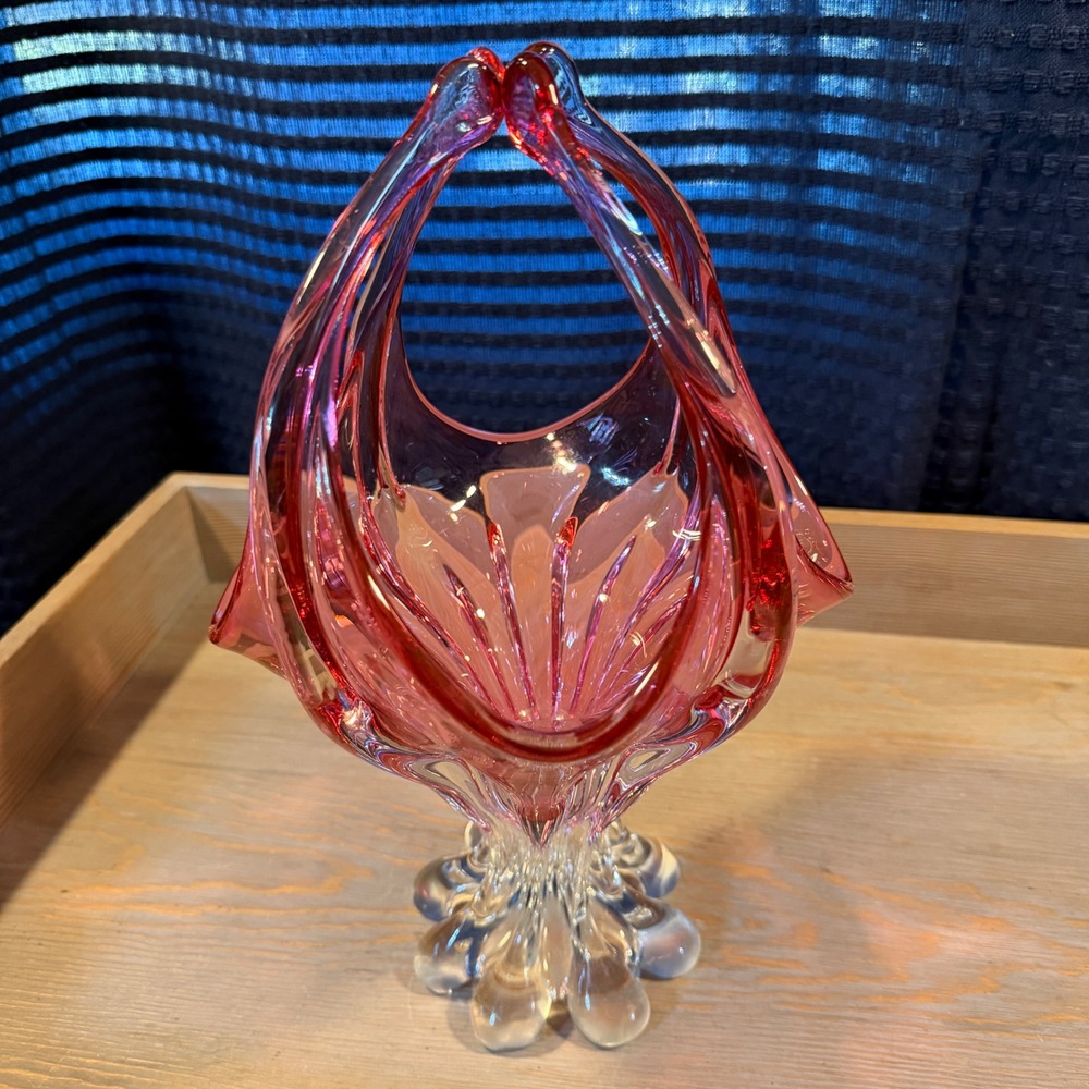 Vintage Cranberry Pink Art Glass Basket Murano‎ Style Hand Blown Ruffled 12.5"